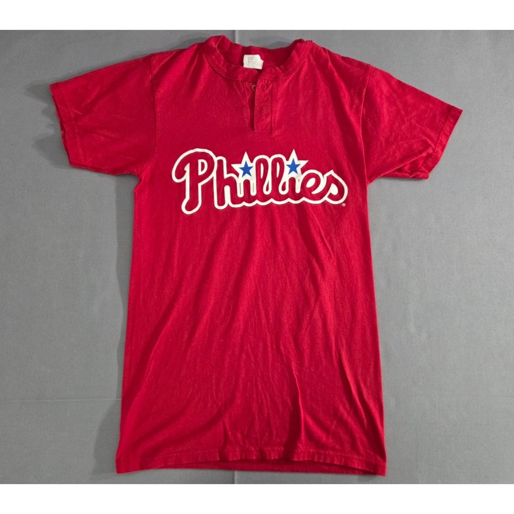 Vintage Majestic Phillies Shirt Mens Small Red Philadelphia Baseball MLB Stretch